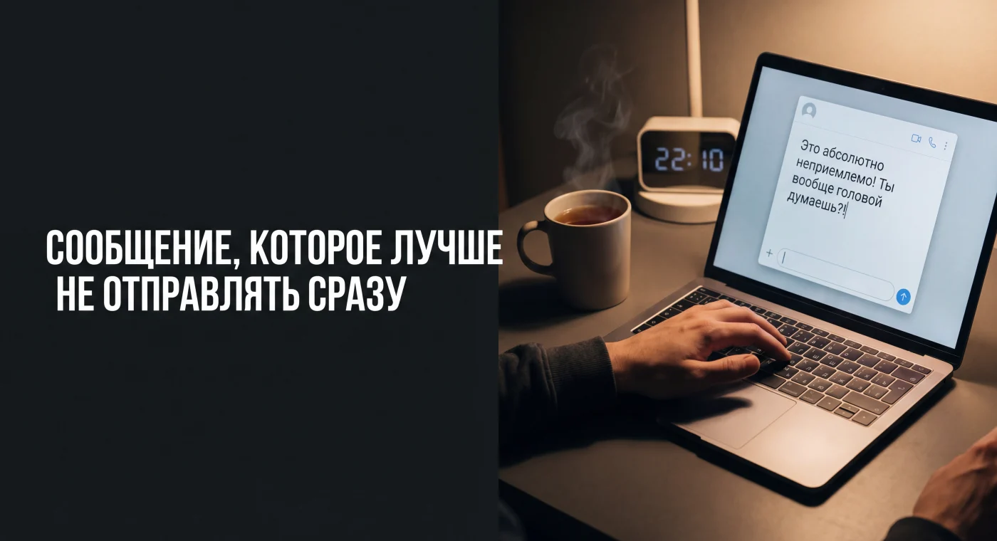Ноутбук с резким сообщением в переписке, рука на клавиатуре, чашка чая и настольные часы