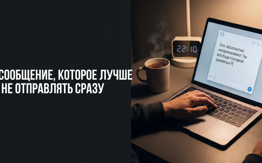 Ноутбук с резким сообщением в переписке, рука на клавиатуре, чашка чая и настольные часы