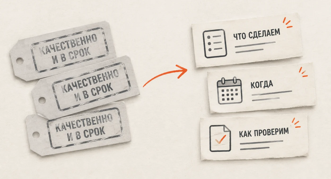 От штампов «Качественно и в срок» стрелка ведёт к трём карточкам: «Что сделаем», «Когда», «Как проверим».