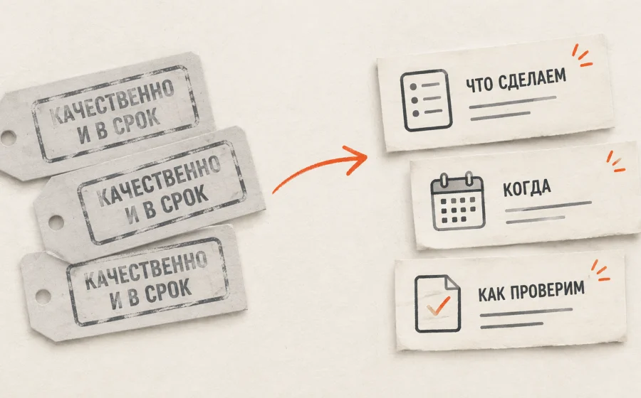 От штампов «Качественно и в срок» стрелка ведёт к трём карточкам: «Что сделаем», «Когда», «Как проверим».